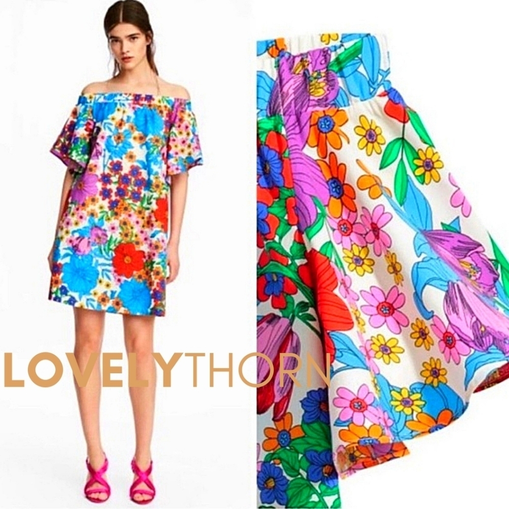 H&M // retro floral printed off-the-shoulder mini dress with pockets - Picture 6 of 12
